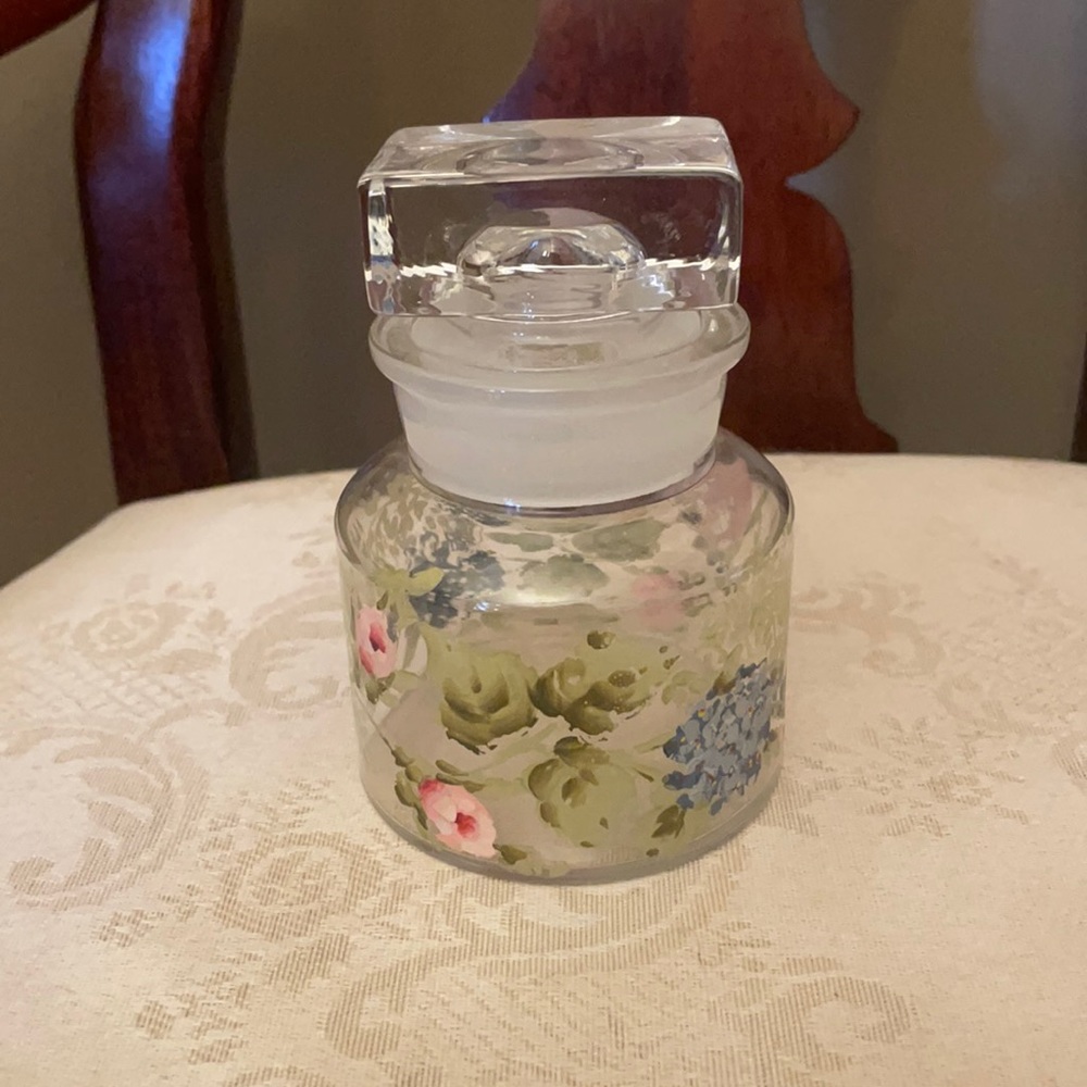Vintage hand painted perfume apothecary trinket spice jar lidded decanter